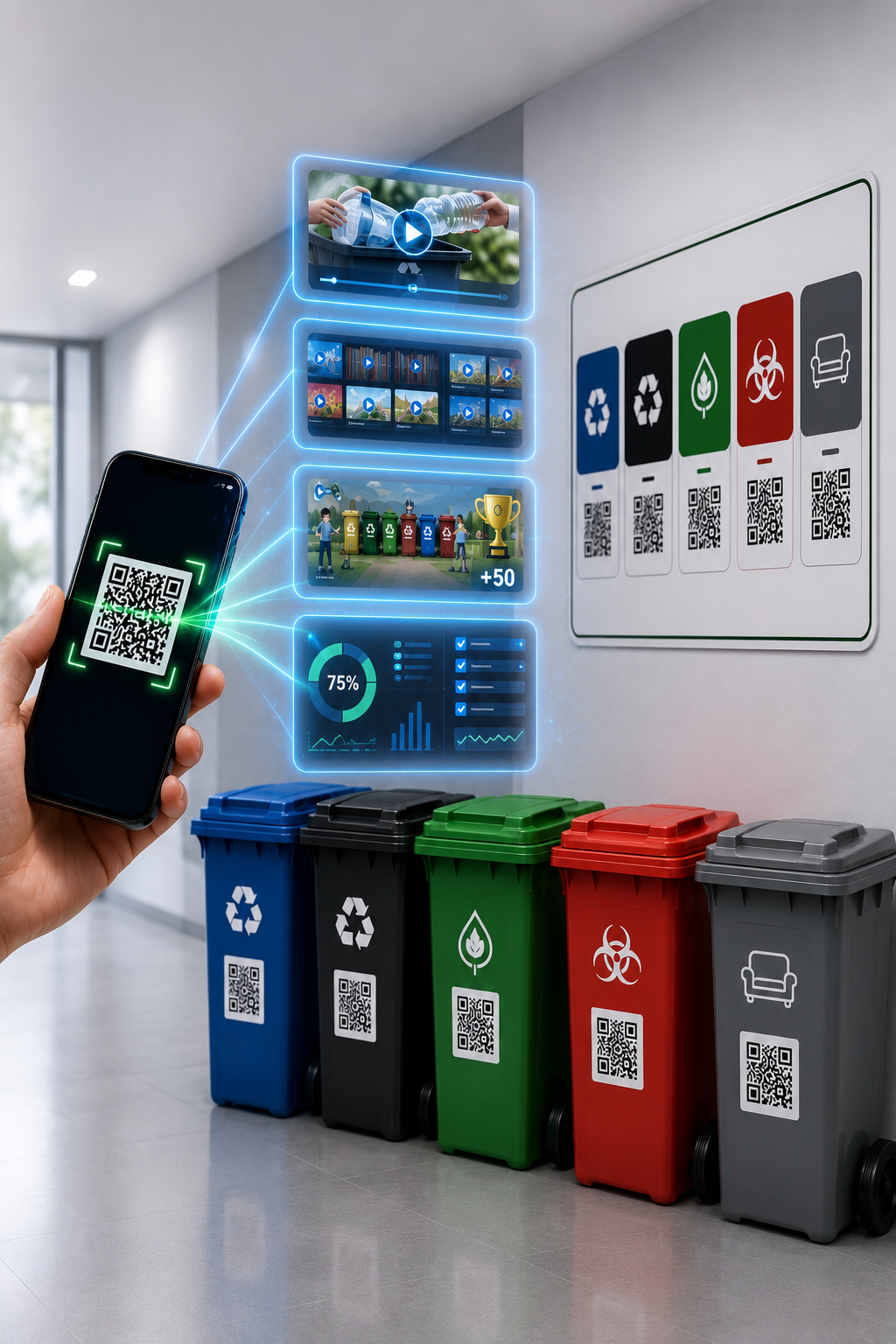 Centro de acopio con señalización PRAEX, puntos ecológicos y código QR
